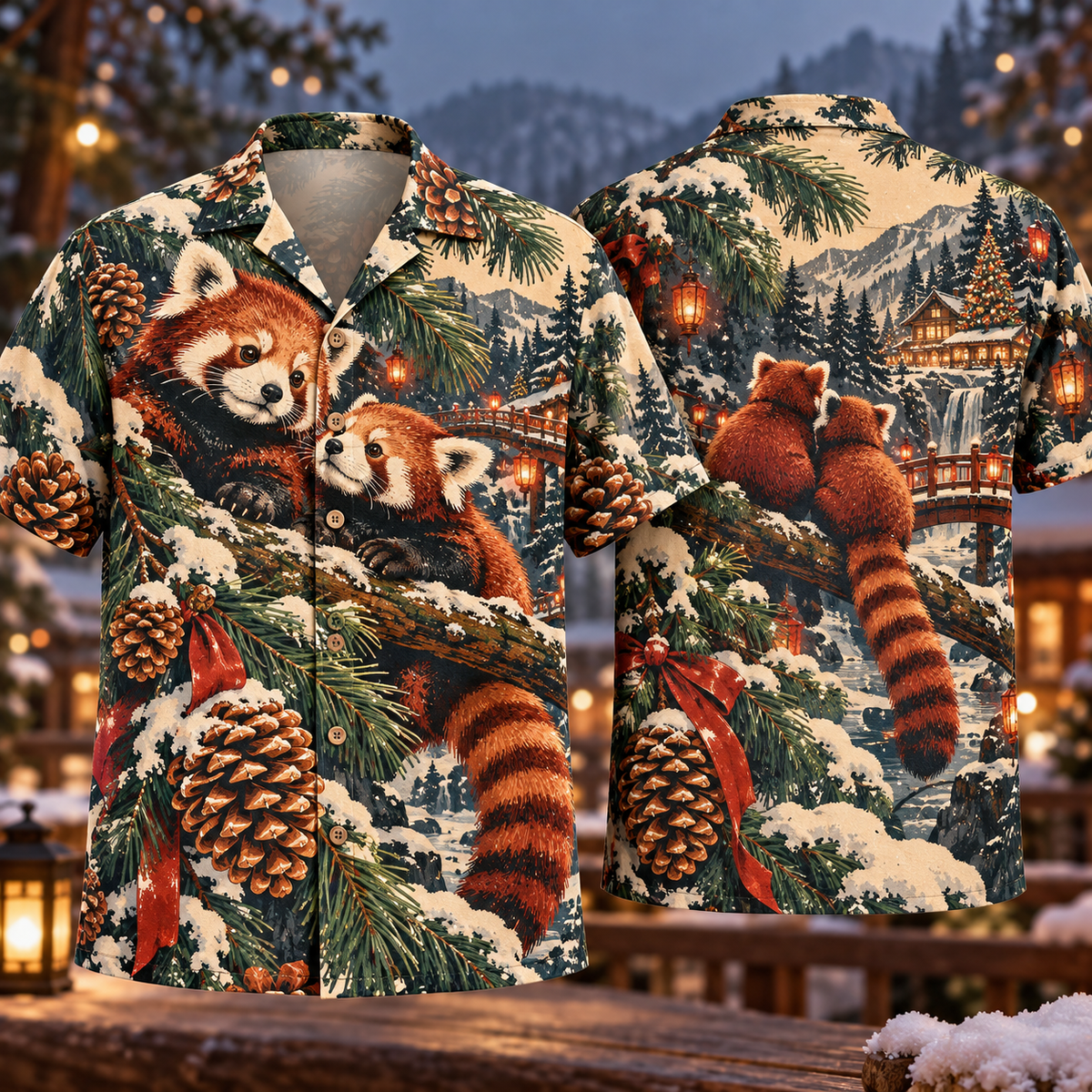 Digital mockup: front and back of one AlohaVero Christmas Linocut Red Panda Pine Forest Copper Jade Cream No Pocket Hawaiian shirt