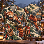 Digital mockup: front and back of one AlohaVero Christmas Linocut Red Panda Pine Forest Copper Jade Cream No Pocket Hawaiian shirt