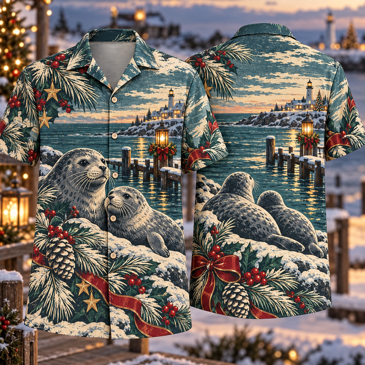 Digital mockup: front and back of one AlohaVero Christmas Linocut Seal Snowy Coast Slate Teal Ivory No Pocket Hawaiian shirt