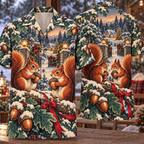 Digital mockup: front and back of one AlohaVero Christmas Linocut Squirrel Acorn Forest Copper Jade Cream No Pocket Hawaiian shirt
