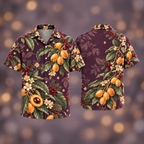 Digital mockup: front and back of one AlohaVero Christmas Loquat Apricot Sage Plum No Pocket Hawaiian shirt