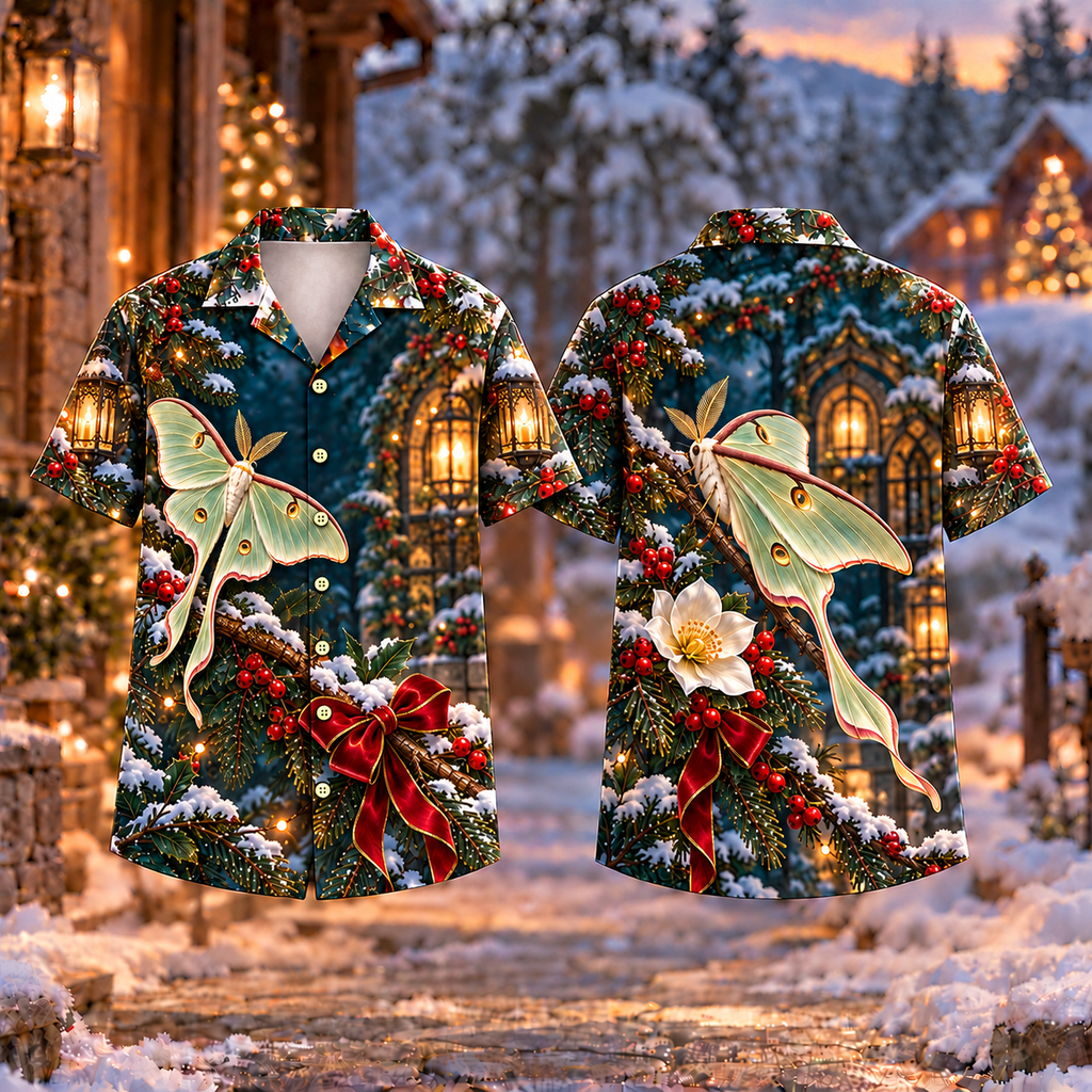 Digital mockup: front and back of one AlohaVero Christmas Luna Moth Lantern Garden Print No Pocket Hawaiian shirt