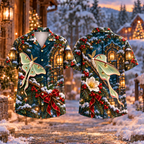 Digital mockup: front and back of one AlohaVero Christmas Luna Moth Lantern Garden Print No Pocket Hawaiian shirt