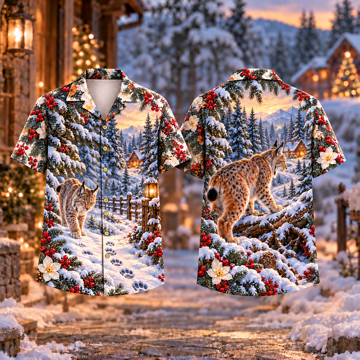 Digital mockup: front and back of one AlohaVero Christmas Lynx Snow Trail Print No Pocket Hawaiian shirt