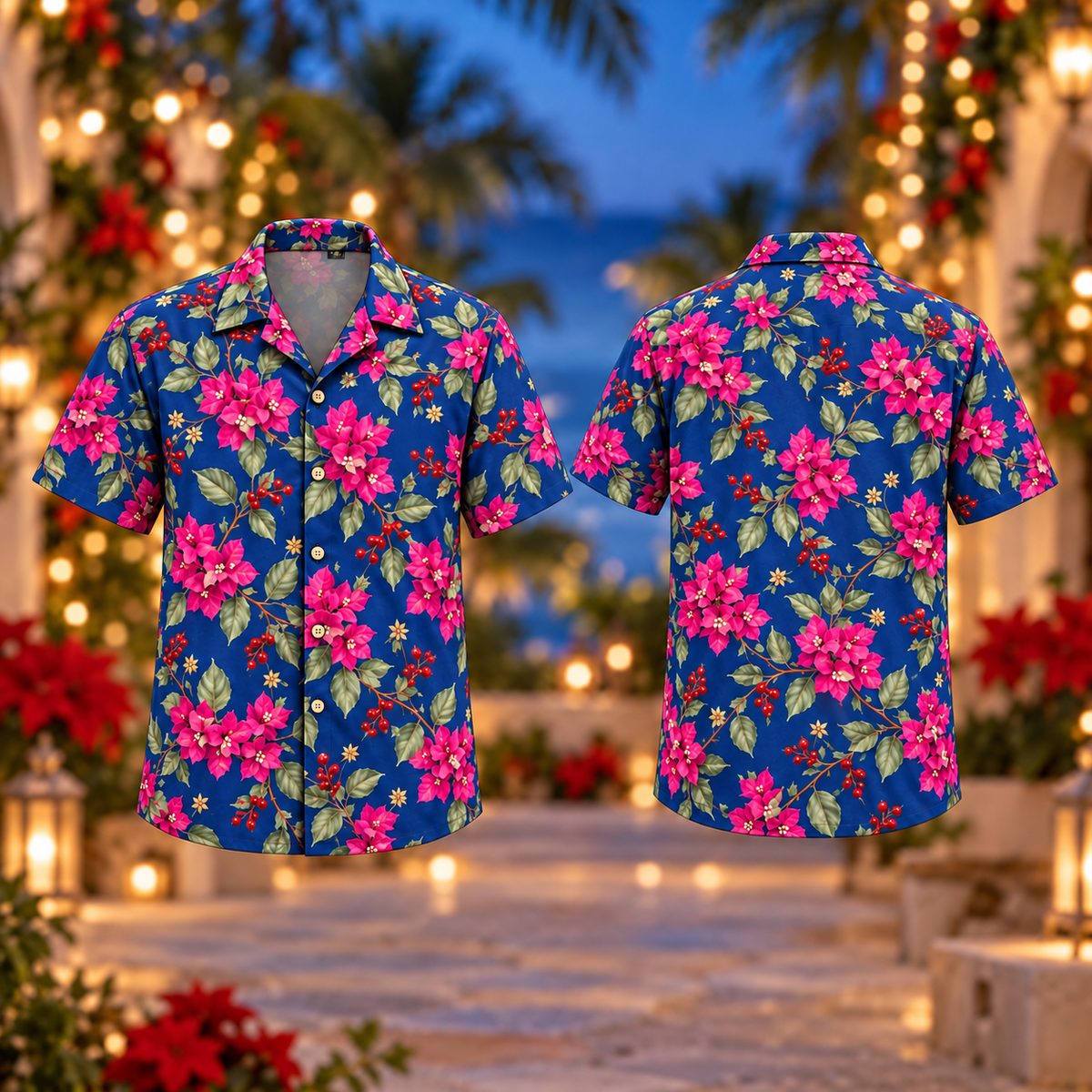 Digital mockup: front and back of one AlohaVero Christmas Magenta Bougainvillea Cobalt Aloha No Pocket Hawaiian shirt