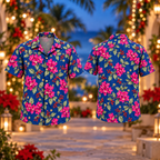 Digital mockup: front and back of one AlohaVero Christmas Magenta Bougainvillea Cobalt Aloha No Pocket Hawaiian shirt