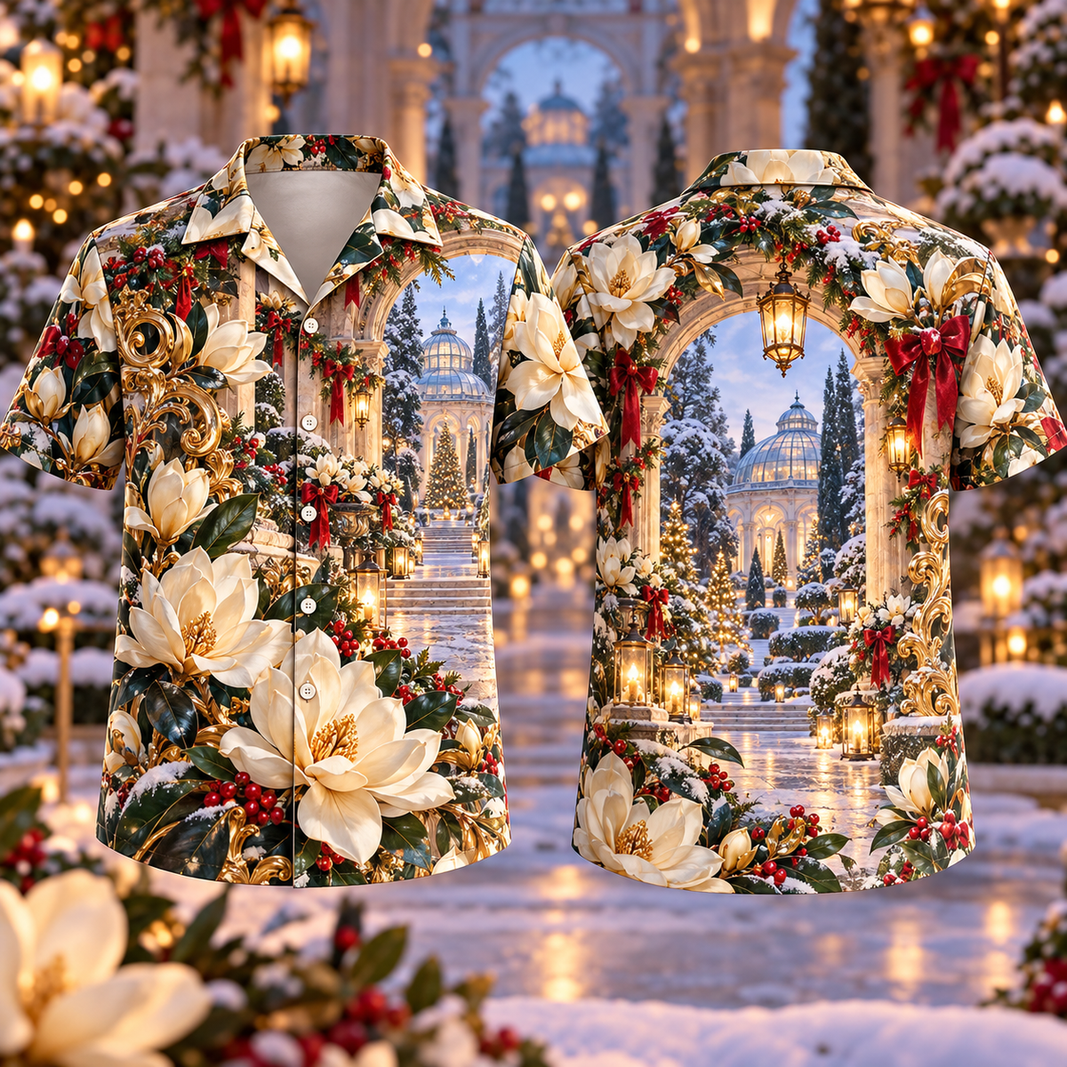 Digital mockup: front and back of one AlohaVero Christmas Magnolia Pearl Winter Courtyard No Pocket Hawaiian shirt