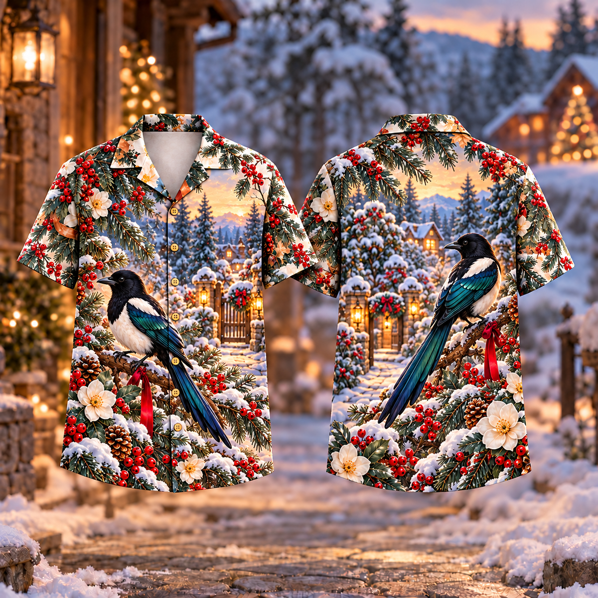Digital mockup: front and back of one AlohaVero Christmas Magpie Orchard Welcome Print No Pocket Hawaiian shirt