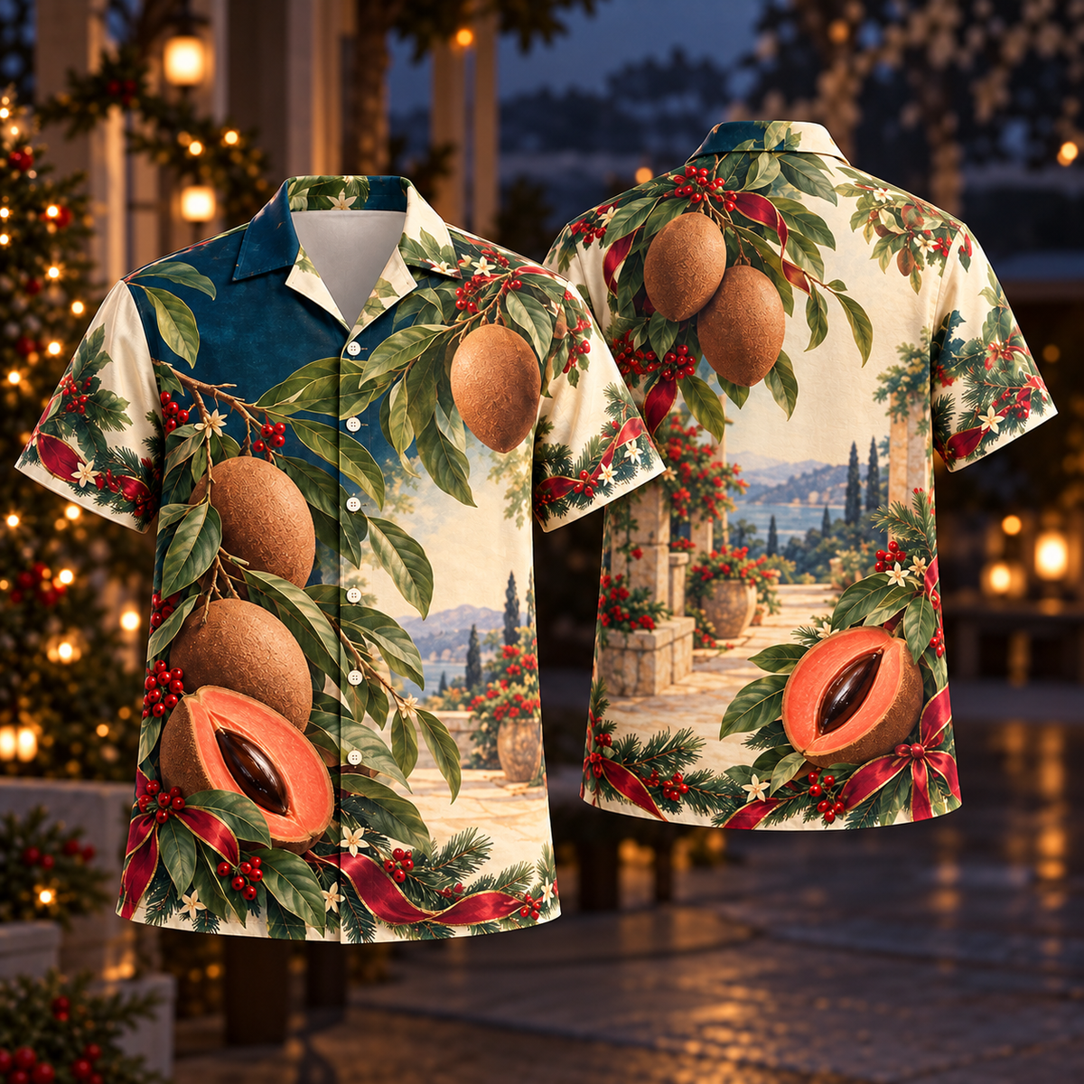 Digital mockup: front and back of one AlohaVero Christmas Mamey Coral Petrol Orchard No Pocket Hawaiian shirt