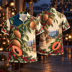 Digital mockup: front and back of one AlohaVero Christmas Mamey Coral Petrol Orchard No Pocket Hawaiian shirt