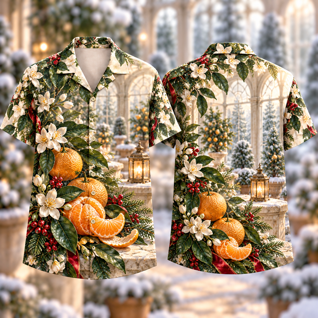 Digital mockup: front and back of one AlohaVero Christmas Mandarin Blossom Winter Orangery No Pocket Hawaiian shirt
