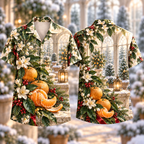Digital mockup: front and back of one AlohaVero Christmas Mandarin Blossom Winter Orangery No Pocket Hawaiian shirt