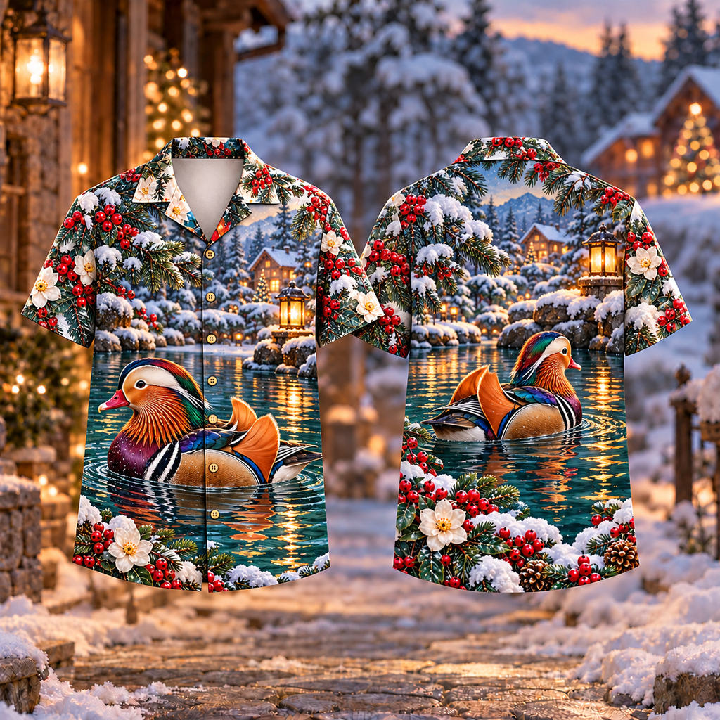 Digital mockup: front and back of one AlohaVero Christmas Mandarin Duck Lantern Pond Print No Pocket Hawaiian shirt