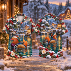 Digital mockup: front and back of one AlohaVero Christmas Mandarin Duck Lantern Pond Print No Pocket Hawaiian shirt