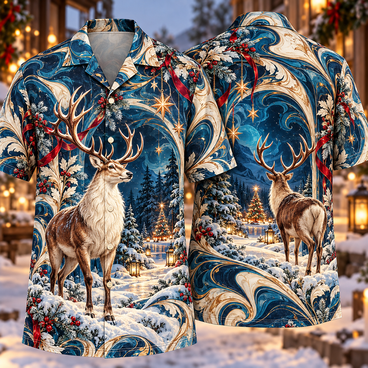 Digital mockup: front and back of one AlohaVero Christmas Marbled Ink Stag Sapphire Copper Ivory Winter Forest No Pocket Hawaiian shirt