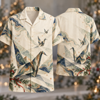 Digital mockup: front and back of one AlohaVero Christmas Marbled Paper Crane Sage Indigo No Pocket Hawaiian shirt