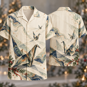 Christmas Marbled Paper Crane Sage Indigo Hawaiian Shirt
