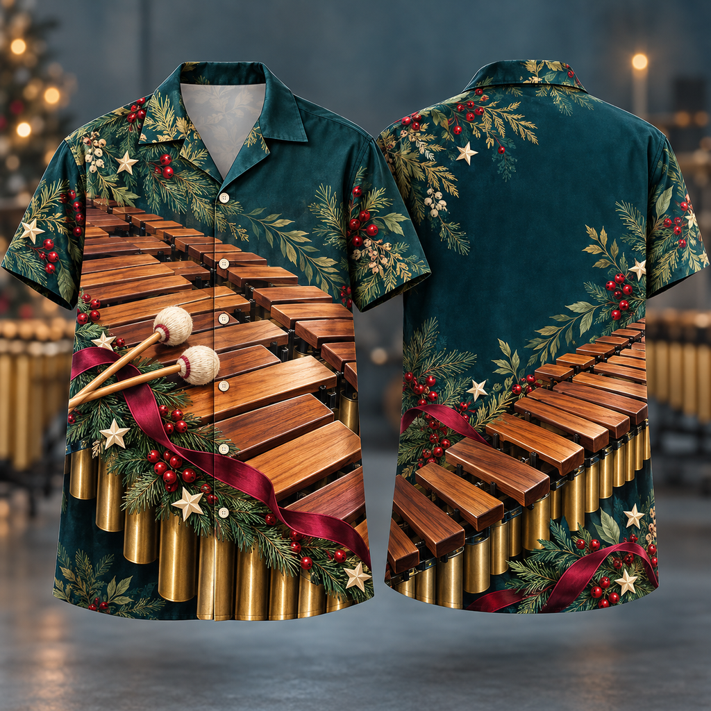 Digital mockup: front and back of one AlohaVero Christmas Marimba Petrol Walnut No Pocket Hawaiian shirt