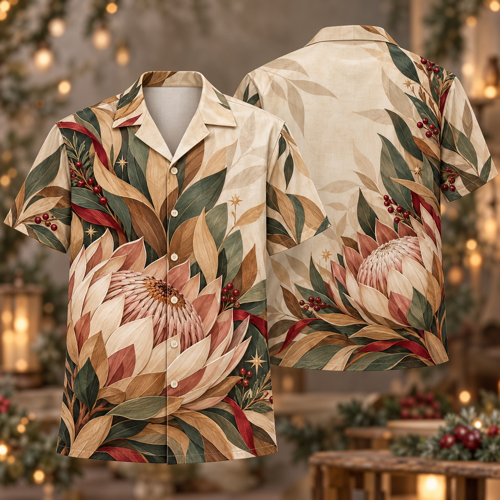 Digital mockup: front and back of one AlohaVero Christmas Marquetry King Protea Sage No Pocket Hawaiian shirt