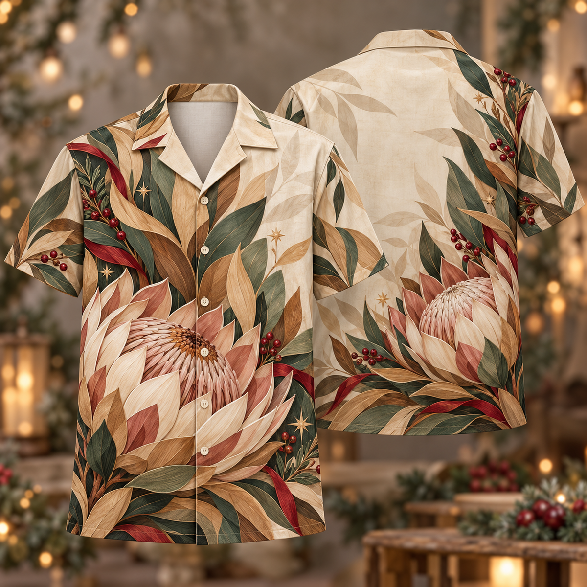 Digital mockup: front and back of one AlohaVero Christmas Marquetry King Protea Sage No Pocket Hawaiian shirt