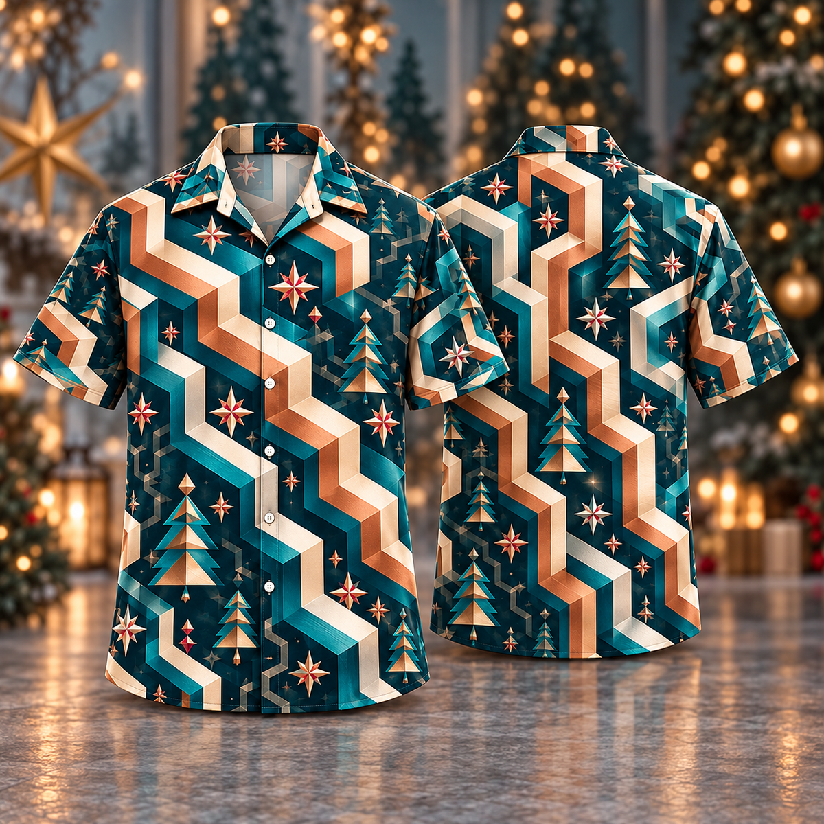 Digital mockup: front and back of one AlohaVero Christmas Meander Copper Petrol No Pocket Hawaiian shirt