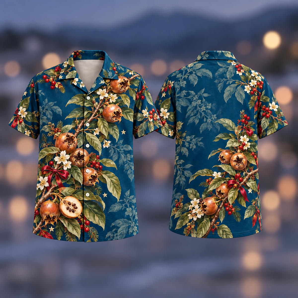 Digital mockup: front and back of one AlohaVero Christmas Medlar Russet Peacock No Pocket Hawaiian shirt