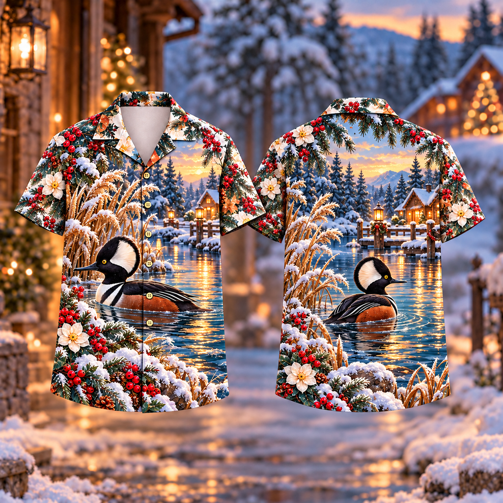 Digital mockup: front and back of one AlohaVero Christmas Merganser Quiet Cove Print No Pocket Hawaiian shirt