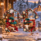 Digital mockup: front and back of one AlohaVero Christmas Milliner Winter Ribbon Print No Pocket Hawaiian shirt