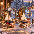 Digital mockup: front and back of one AlohaVero Christmas Model Sailboat Harbor Keepsake Print No Pocket Hawaiian shirt