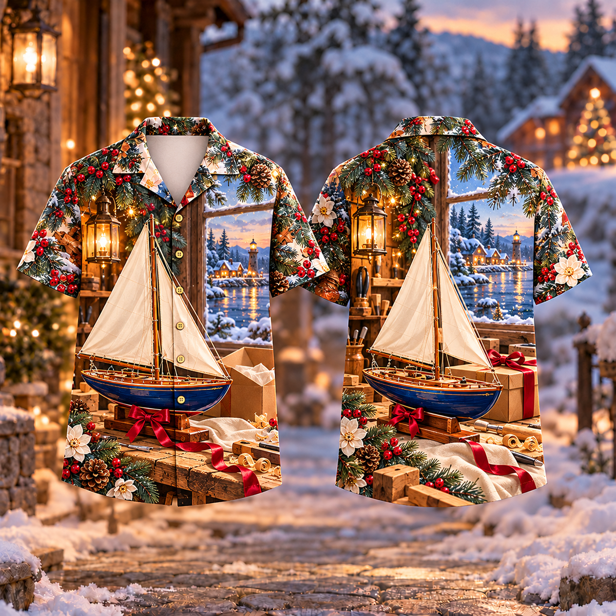 Digital mockup: front and back of one AlohaVero Christmas Model Sailboat Harbor Keepsake Print No Pocket Hawaiian shirt