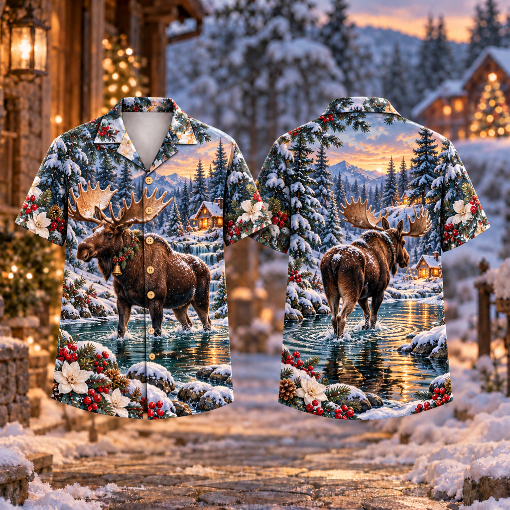 Digital mockup: front and back of one AlohaVero Christmas Moose Winter Crossing Print No Pocket Hawaiian shirt