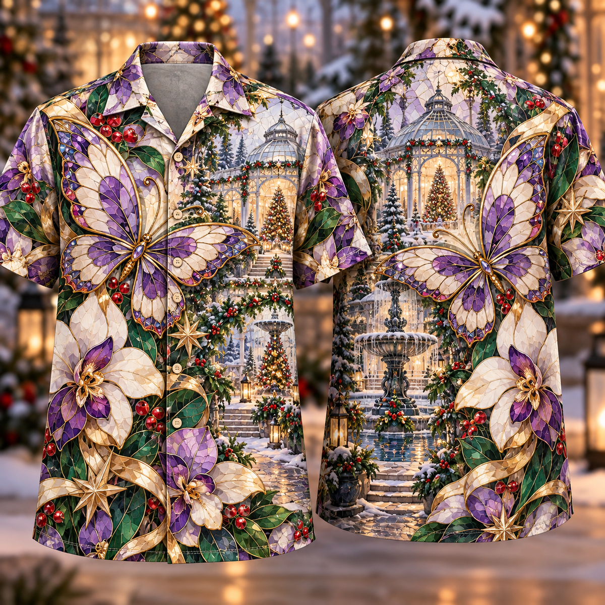 Digital mockup: front and back of one AlohaVero Christmas Mosaic Butterfly Orchid Amethyst Jade Ivory No Pocket Hawaiian shirt