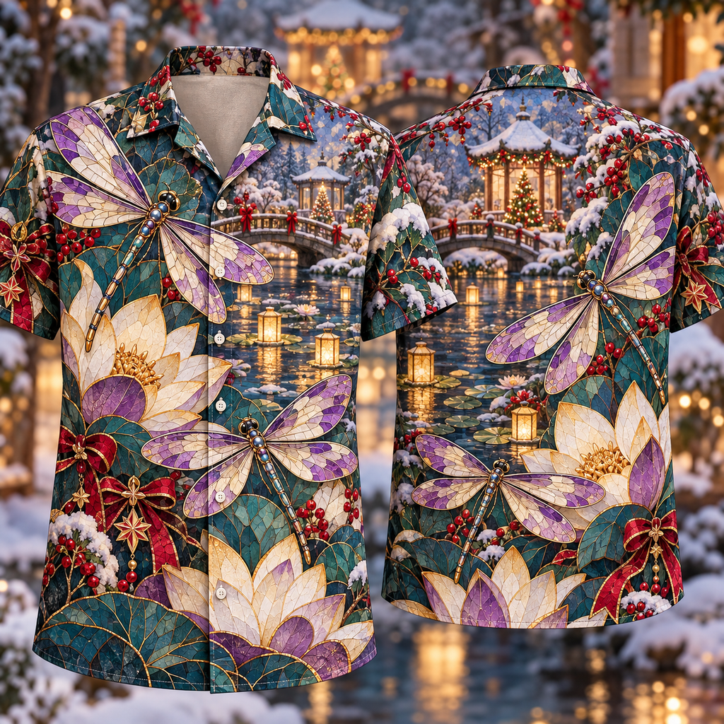Digital mockup: front and back of one AlohaVero Christmas Mosaic Dragonfly Lotus Pond Amethyst Teal Ivory No Pocket Hawaiian shirt