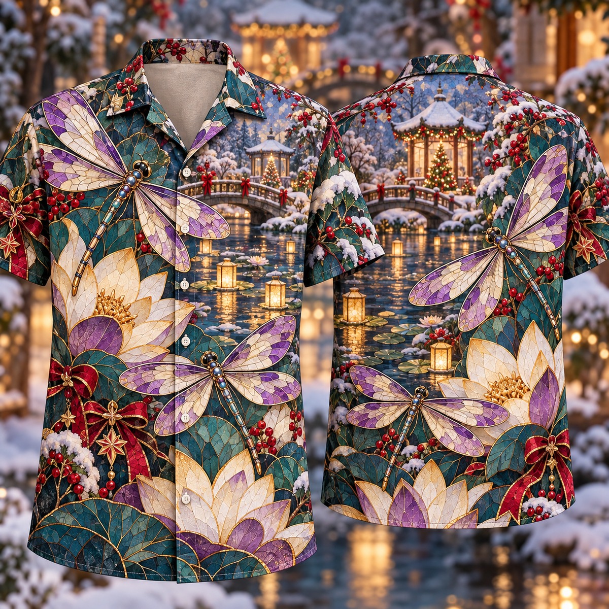 Digital mockup: front and back of one AlohaVero Christmas Mosaic Dragonfly Lotus Pond Amethyst Teal Ivory No Pocket Hawaiian shirt