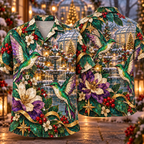Digital mockup: front and back of one AlohaVero Christmas Mosaic Hummingbird Winter Bloom Emerald Amethyst Ivory No Pocket Hawaiian shirt