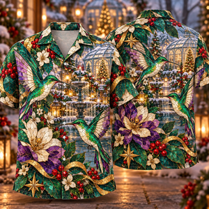 Christmas Mosaic Hummingbird Winter Bloom Emerald Amethyst Ivory Hawaiian Shirt