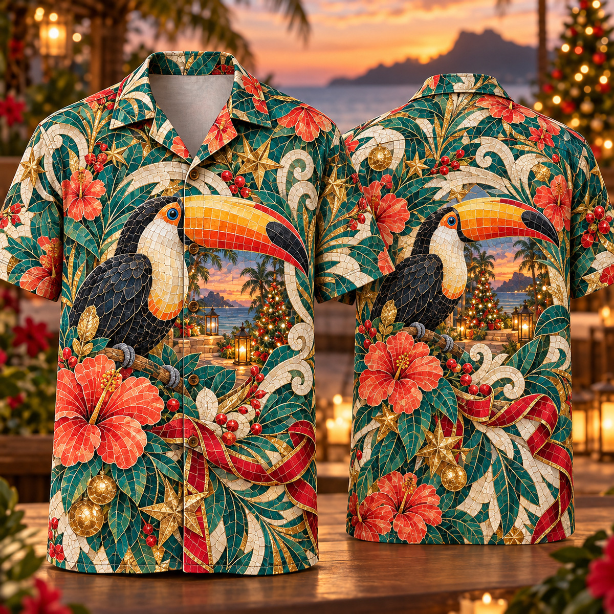 Digital mockup: front and back of one AlohaVero Christmas Mosaic Illusion Toucan Tropical Wreath Coral Teal Ivory No Pocket Hawaiian shirt