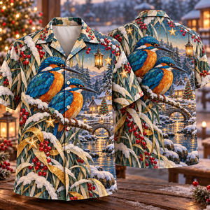 Christmas Mosaic Kingfisher Stream Sapphire Amber Ivory Hawaiian Shirt