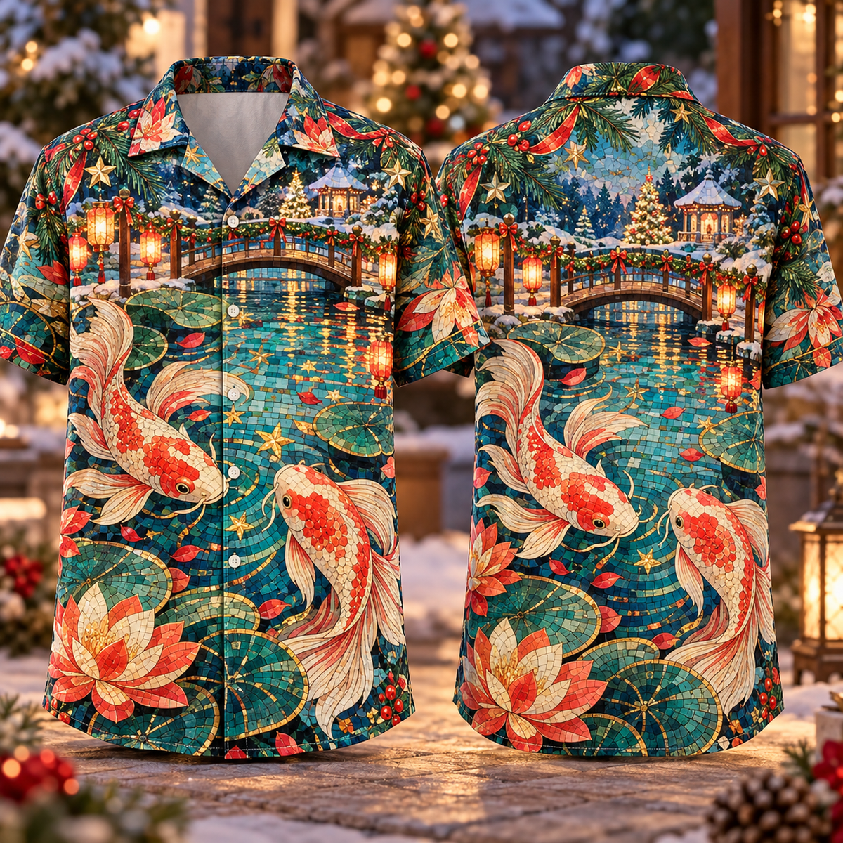 Digital mockup: front and back of one AlohaVero Christmas Mosaic Koi Lantern Pond Turquoise Coral Gold No Pocket Hawaiian shirt