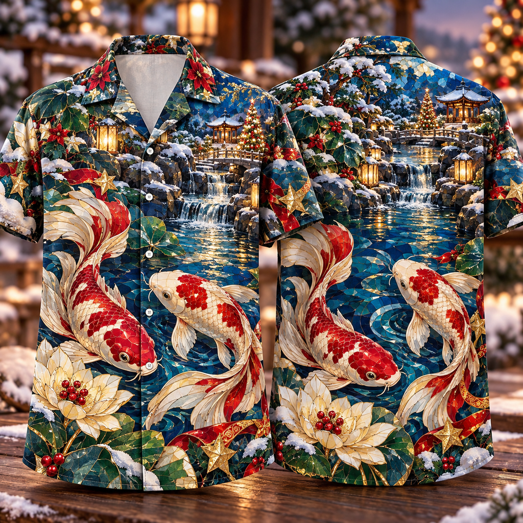Digital mockup: front and back of one AlohaVero Christmas Mosaic Koi Waterfall Sapphire Ruby Ivory No Pocket Hawaiian shirt
