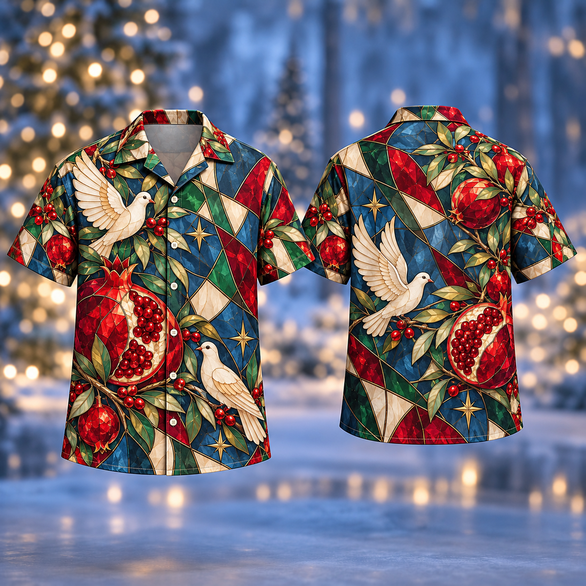 Digital mockup: front and back of one AlohaVero Christmas Mosaic Pomegranate Ivory Dove No Pocket Hawaiian shirt