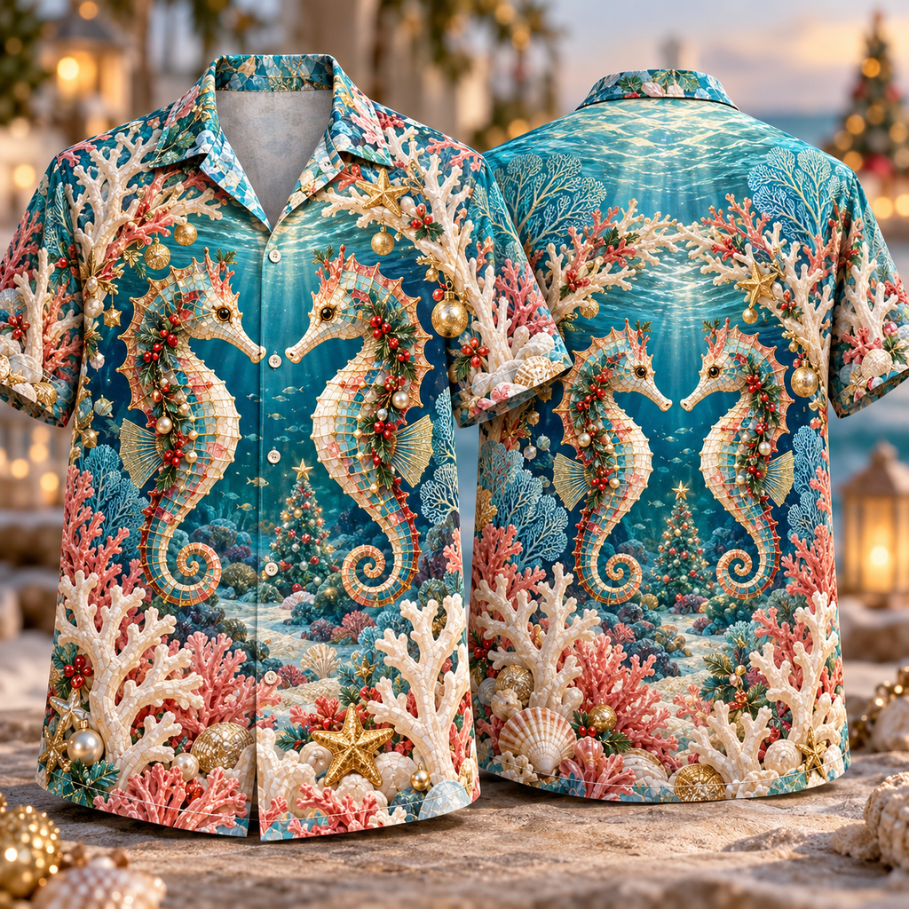 Digital mockup: front and back of one AlohaVero Christmas Mosaic Seahorse Coral Garden Turquoise Rose Gold No Pocket Hawaiian shirt