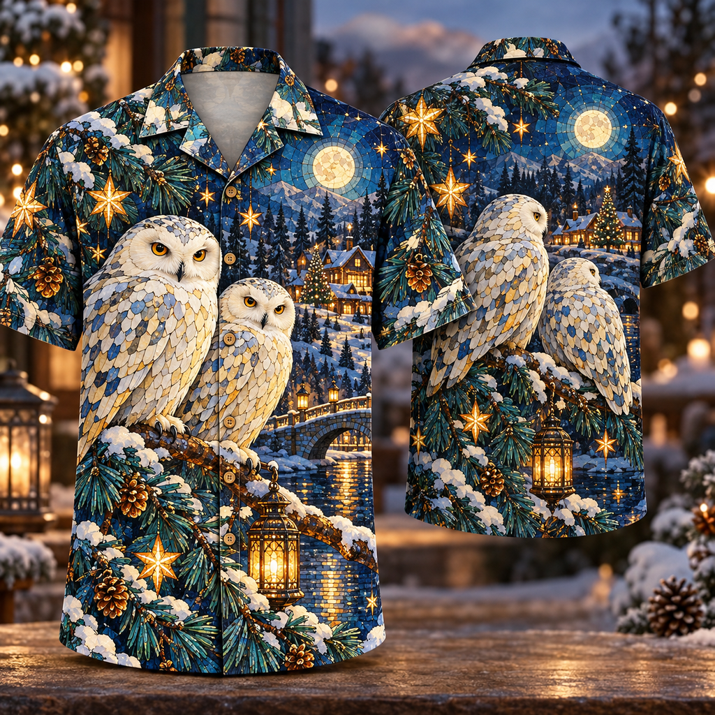 Digital mockup: front and back of one AlohaVero Christmas Mosaic Snowy Owl Moon Forest Sapphire Amber Ivory No Pocket Hawaiian shirt