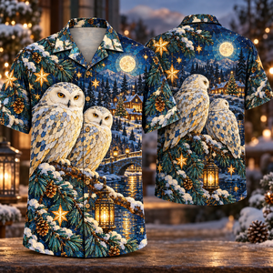 Christmas Mosaic Snowy Owl Moon Forest Sapphire Amber Ivory Hawaiian Shirt