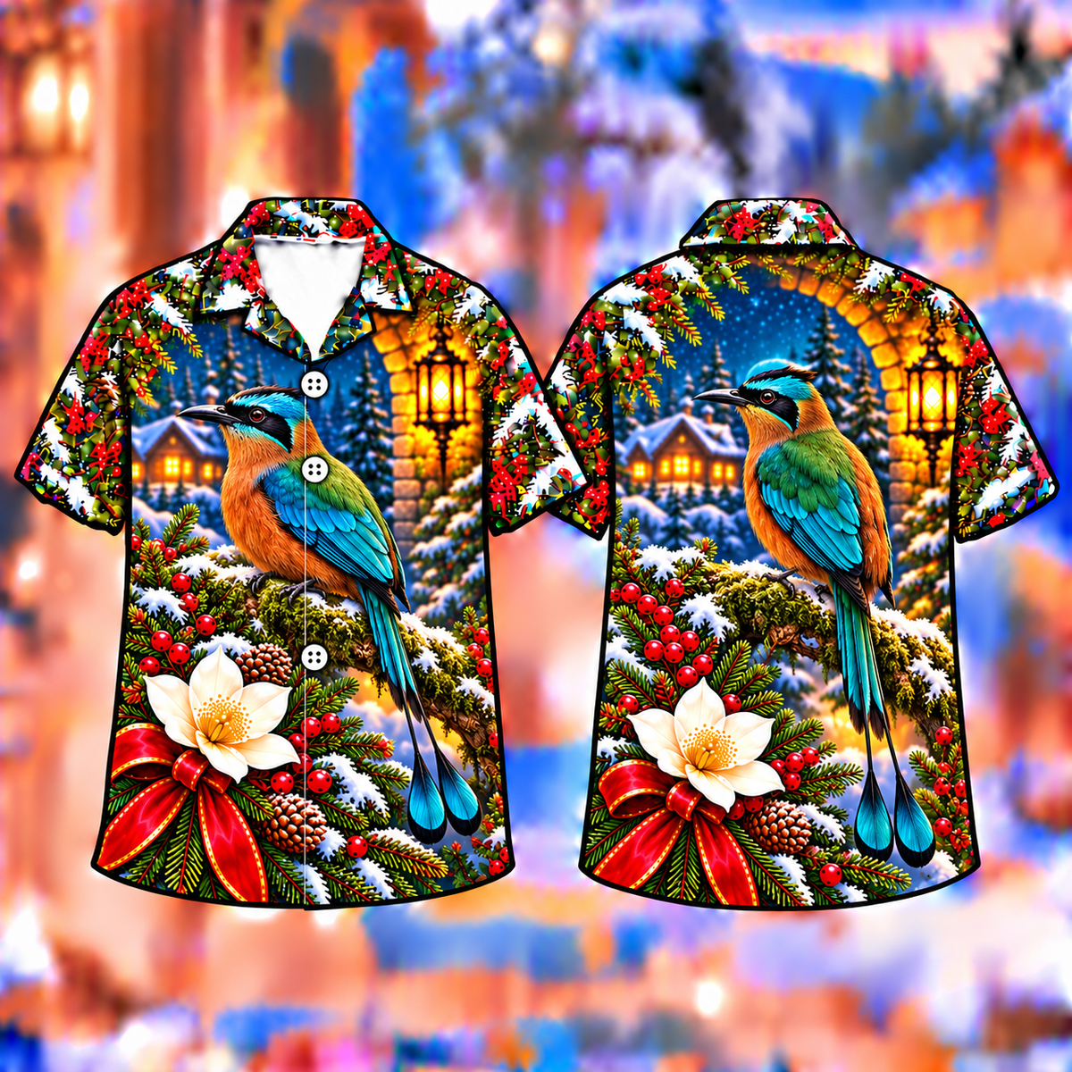 Digital mockup: front and back of one AlohaVero Christmas Motmot Lantern Perch Print No Pocket Hawaiian shirt