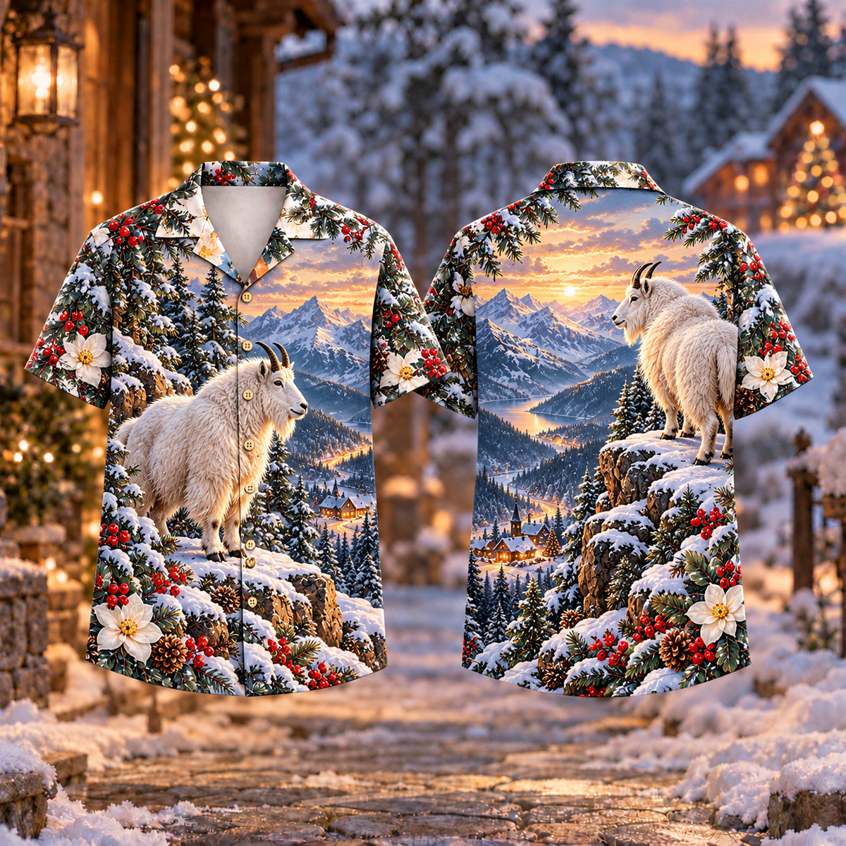 Digital mockup: front and back of one AlohaVero Christmas Mountain Goat Ridge Watch Print No Pocket Hawaiian shirt
