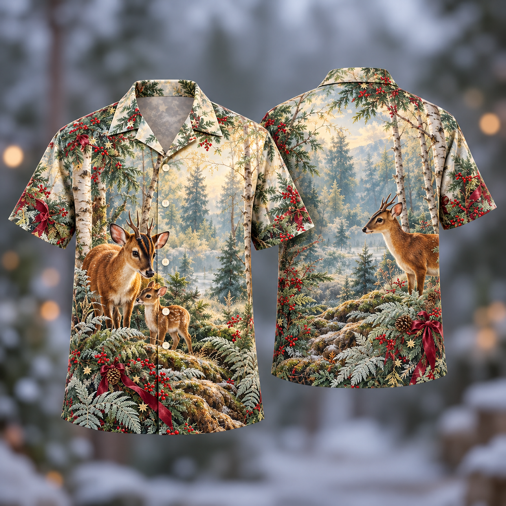 Digital mockup: front and back of one AlohaVero Christmas Muntjac Birch Fern Family No Pocket Hawaiian shirt