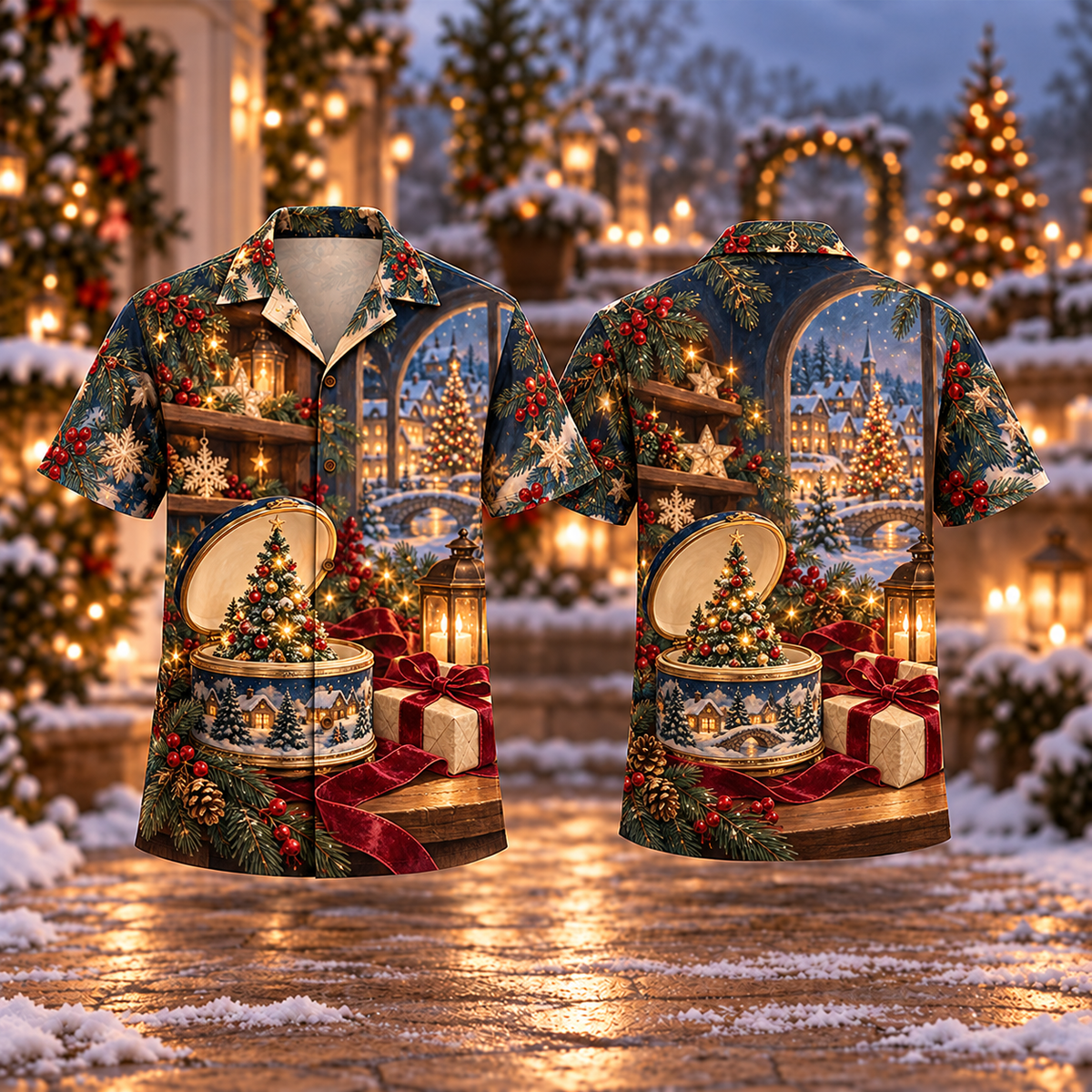 Digital mockup: front and back of one AlohaVero Christmas Music Box Keepsake Sapphire Burgundy Cream No Pocket Hawaiian shirt
