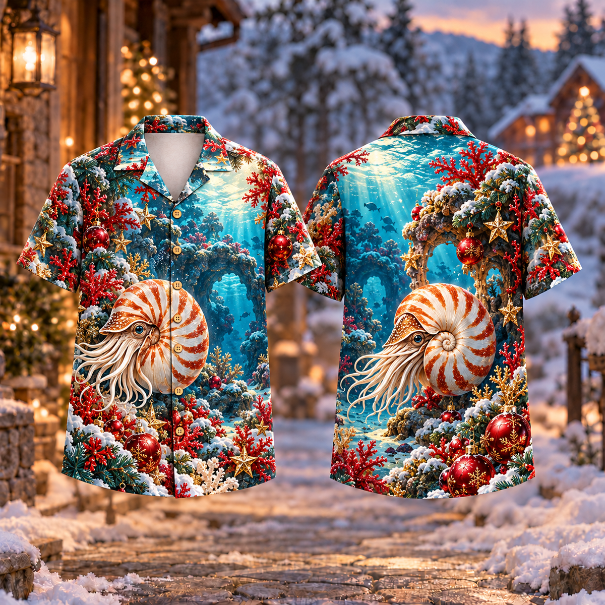 Digital mockup: front and back of one AlohaVero Christmas Nautilus Coral Passage Print No Pocket Hawaiian shirt