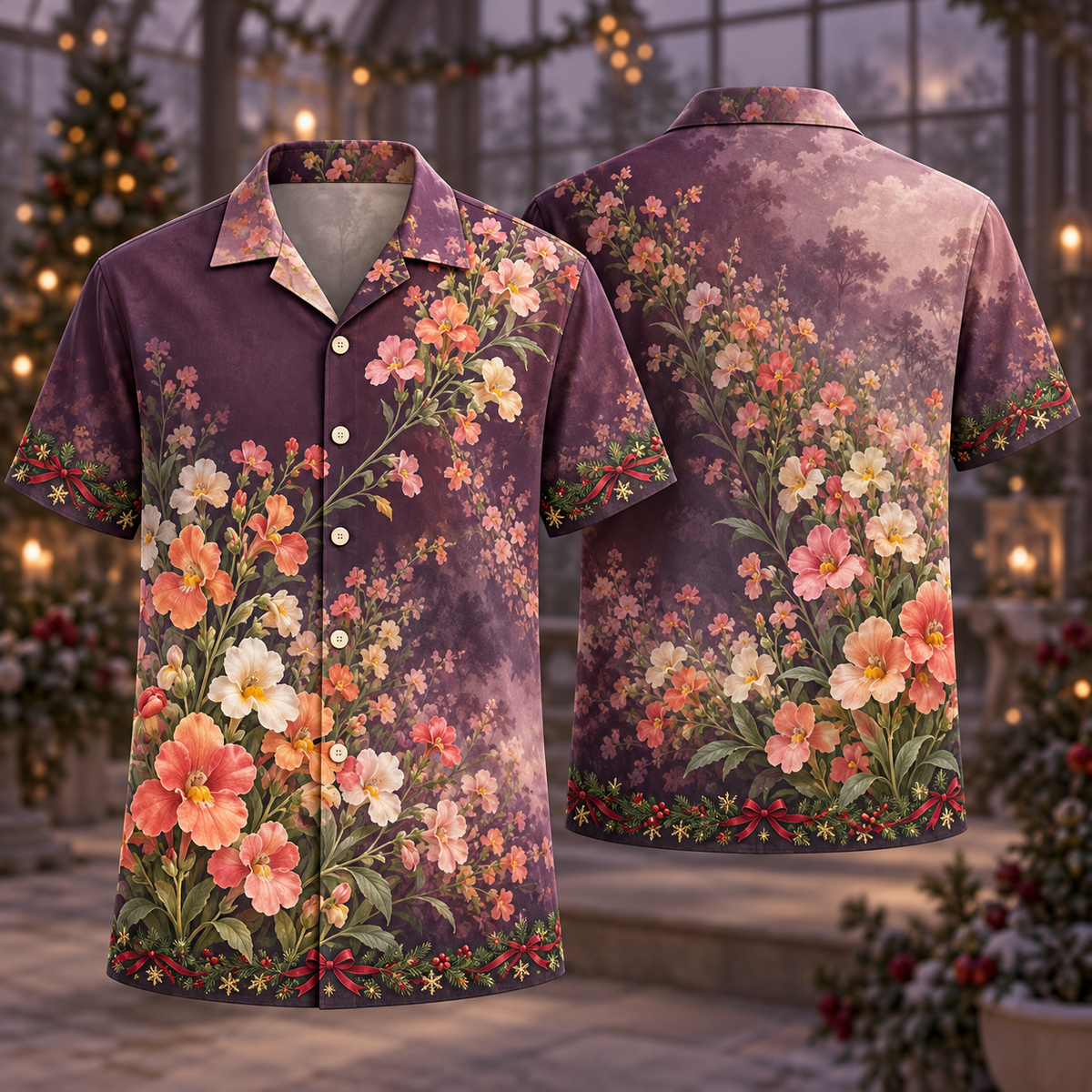 Digital mockup: front and back of one AlohaVero Christmas Nemesia Apricot Plum No Pocket Hawaiian shirt